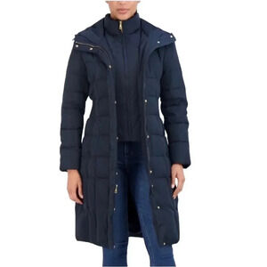 Cole Haan Women's 40" Signature Hooded Taffeta Down Coat Navy Puffer Size XL
